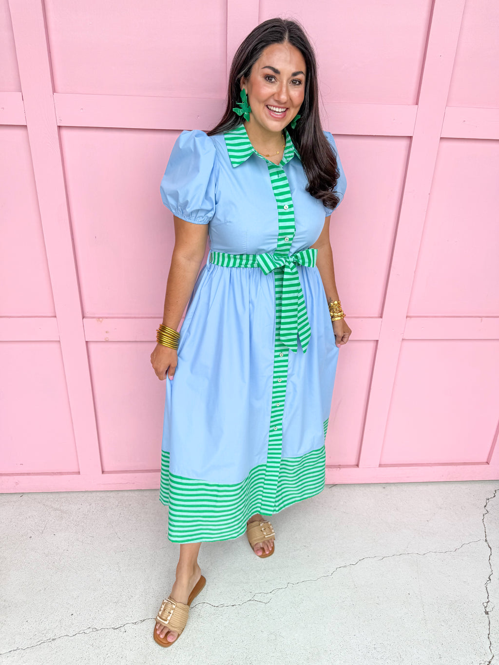 womens boutique dress blue green stripe detail front button puff sleeves jincy's