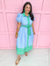 womens boutique dress blue green stripe detail front button puff sleeves jincy's