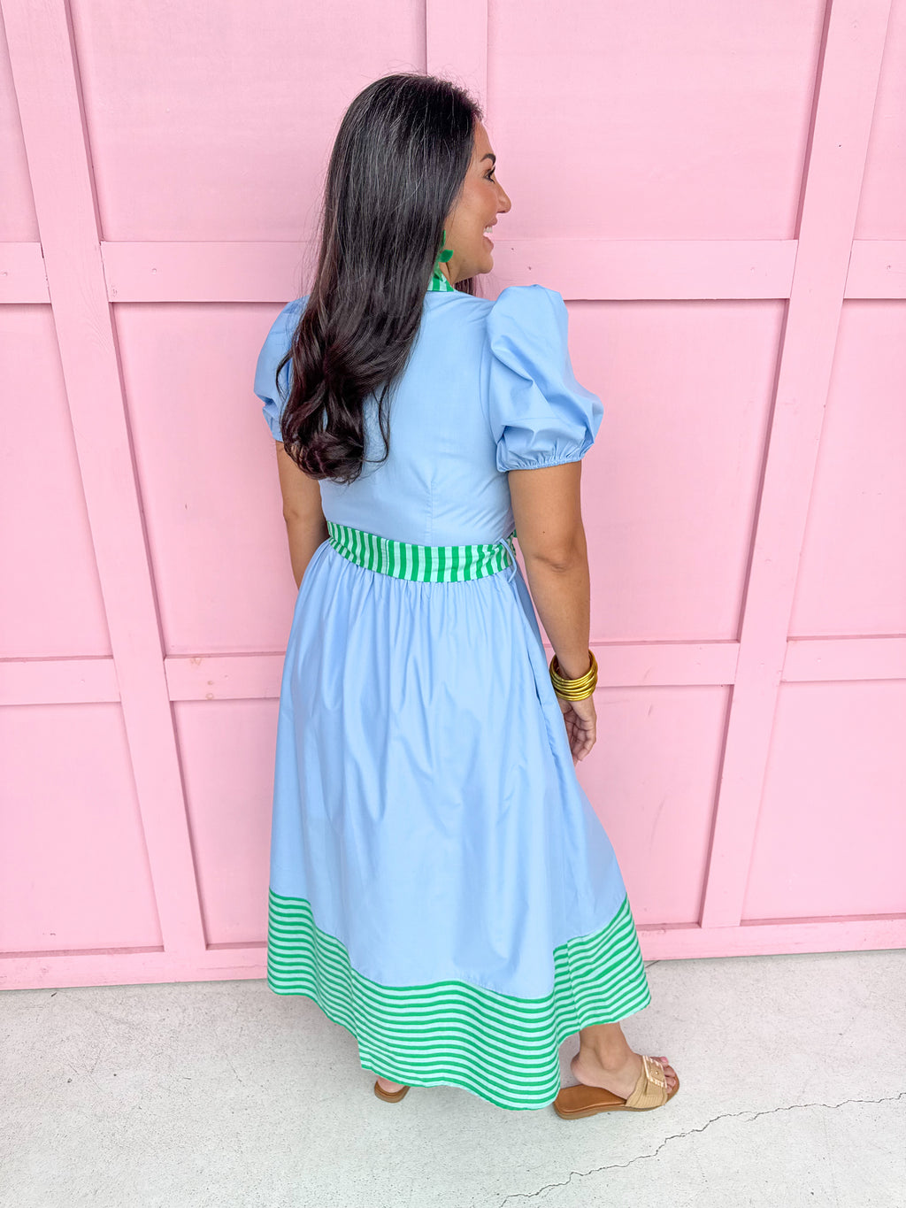 womens boutique dress blue green stripe detail front button puff sleeves jincy's