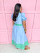 womens boutique dress blue green stripe detail front button puff sleeves jincy's