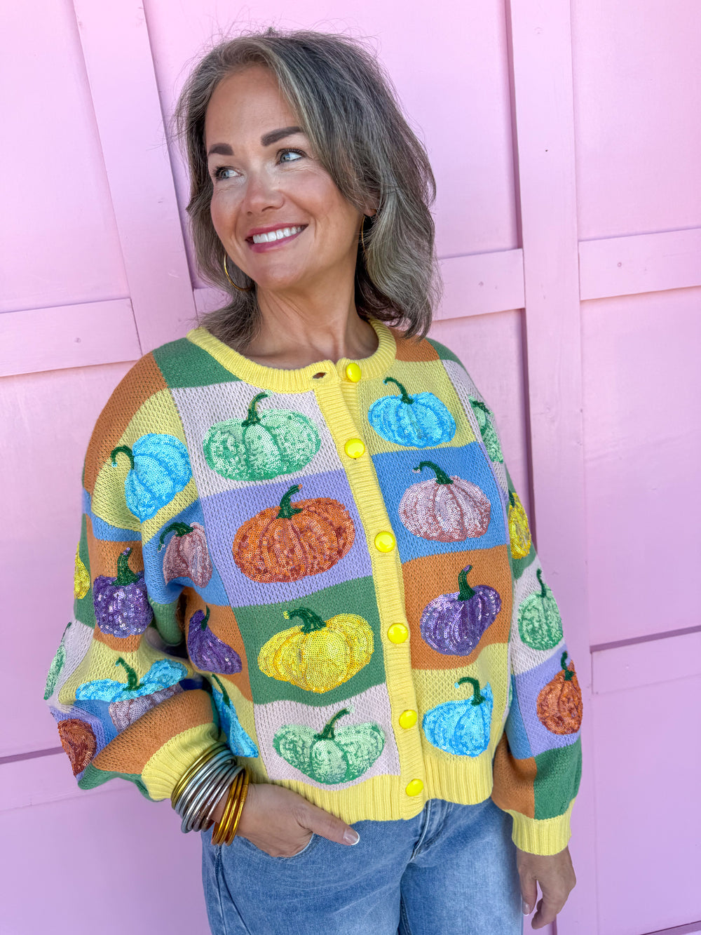 QUEEN OF SPARKLES Pastel Colorblock Pumpkin Button Up Cardigan fall womens boutique Jincy's