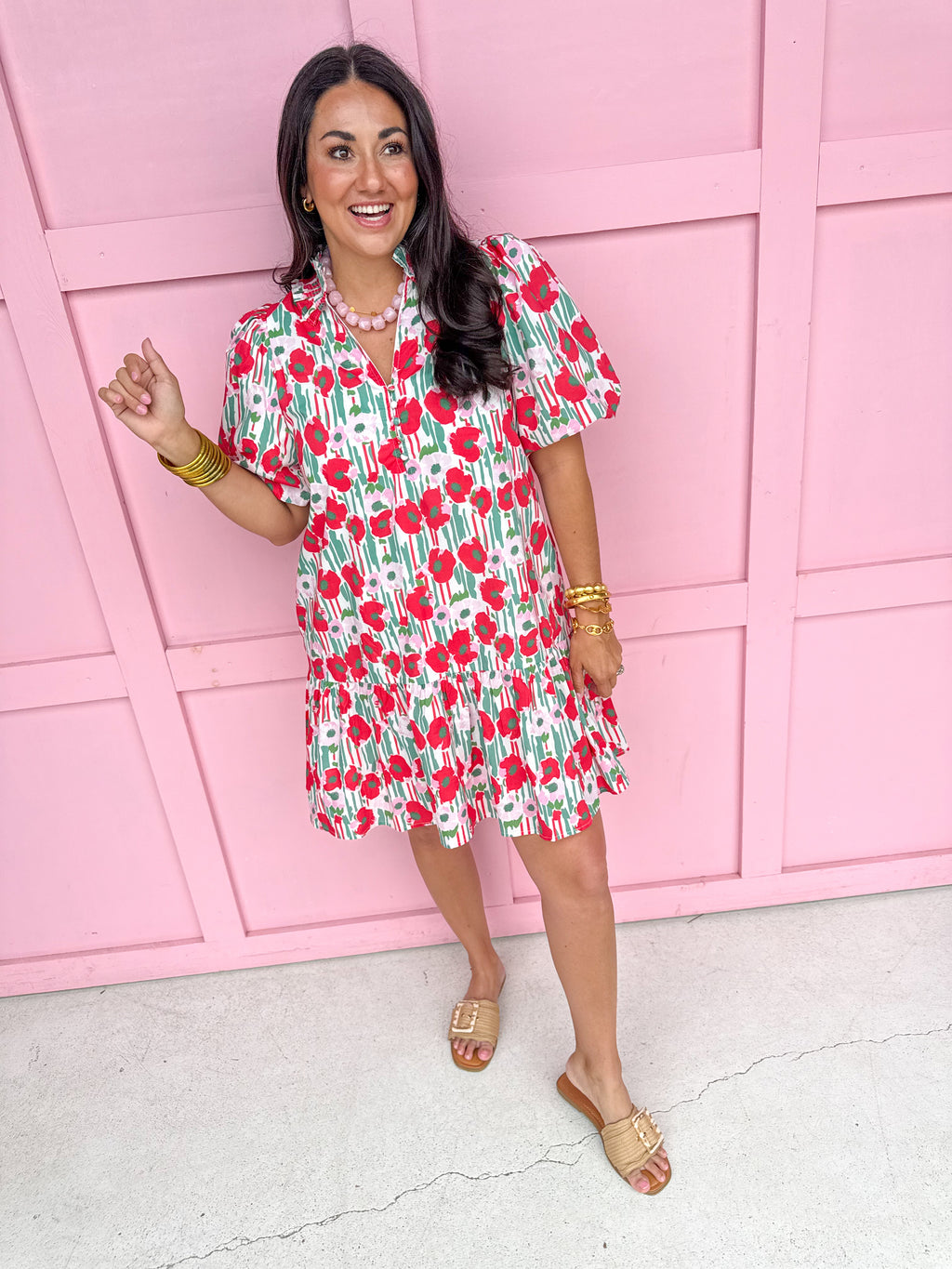 womens boutique dress mini length floral pattern red pink green vneck balloon sleeves jincy's