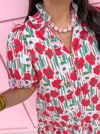 womens boutique dress mini length floral pattern red pink green vneck balloon sleeves jincy's