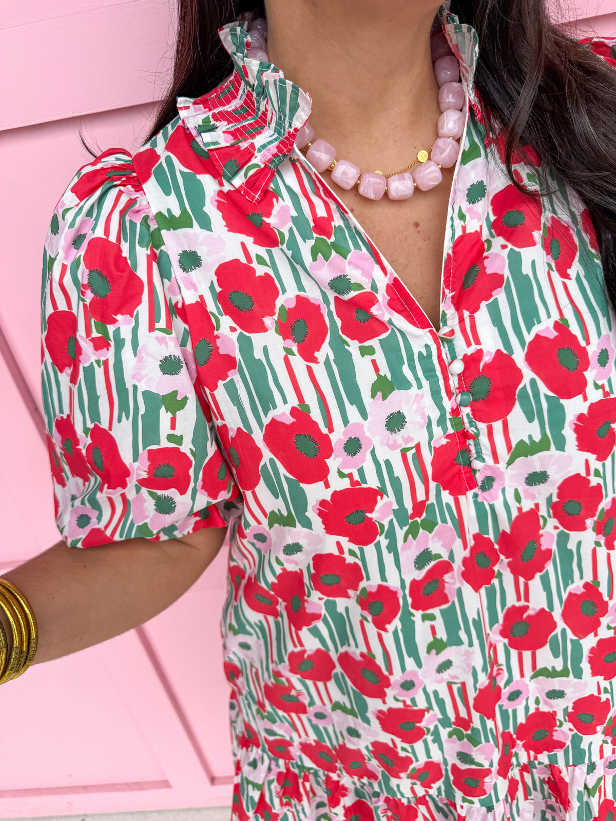 womens boutique dress mini length floral pattern red pink green vneck balloon sleeves jincy's