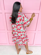 womens boutique dress mini length floral pattern red pink green vneck balloon sleeves jincy's