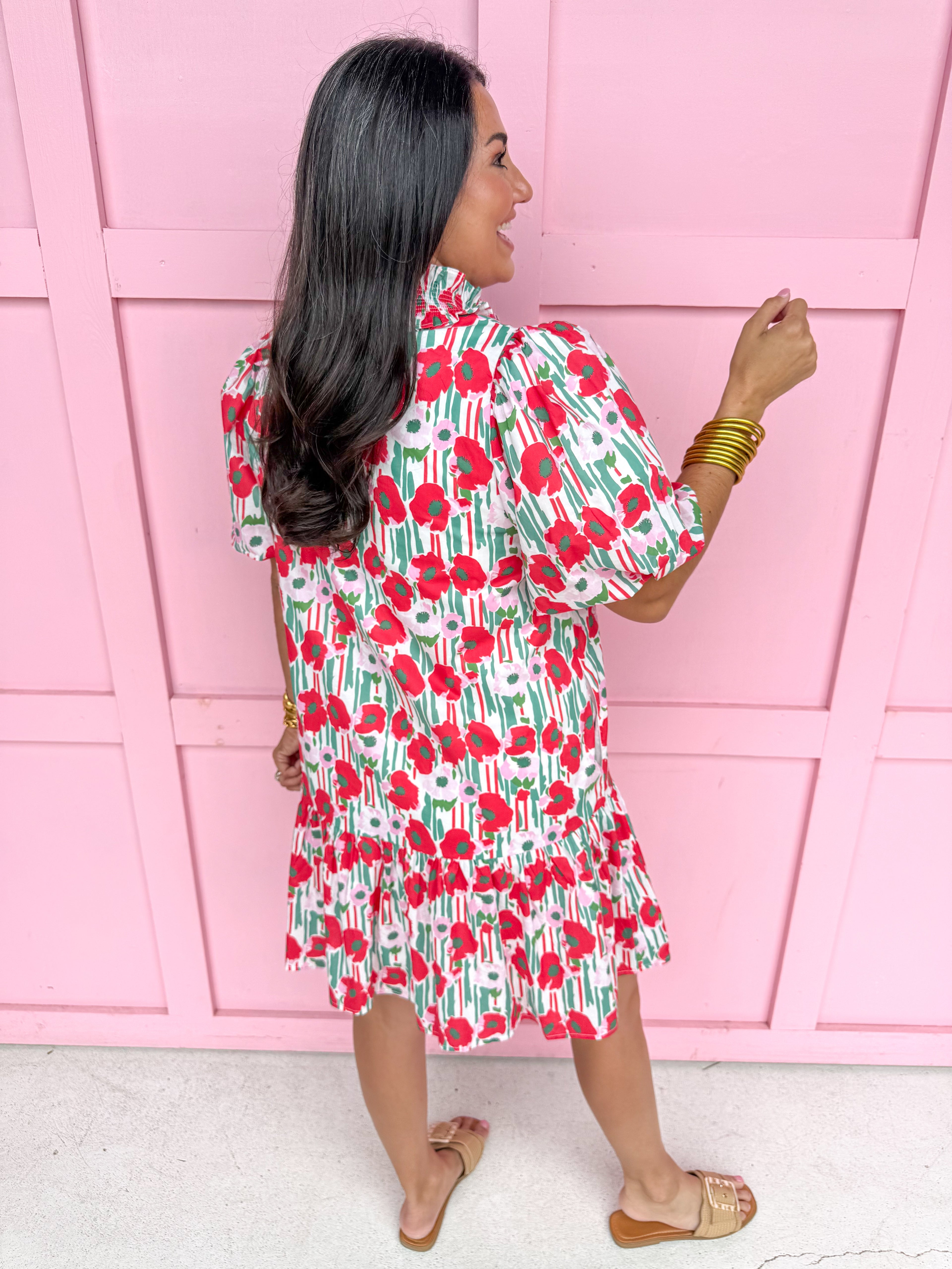 womens boutique dress mini length floral pattern red pink green vneck balloon sleeves jincy's