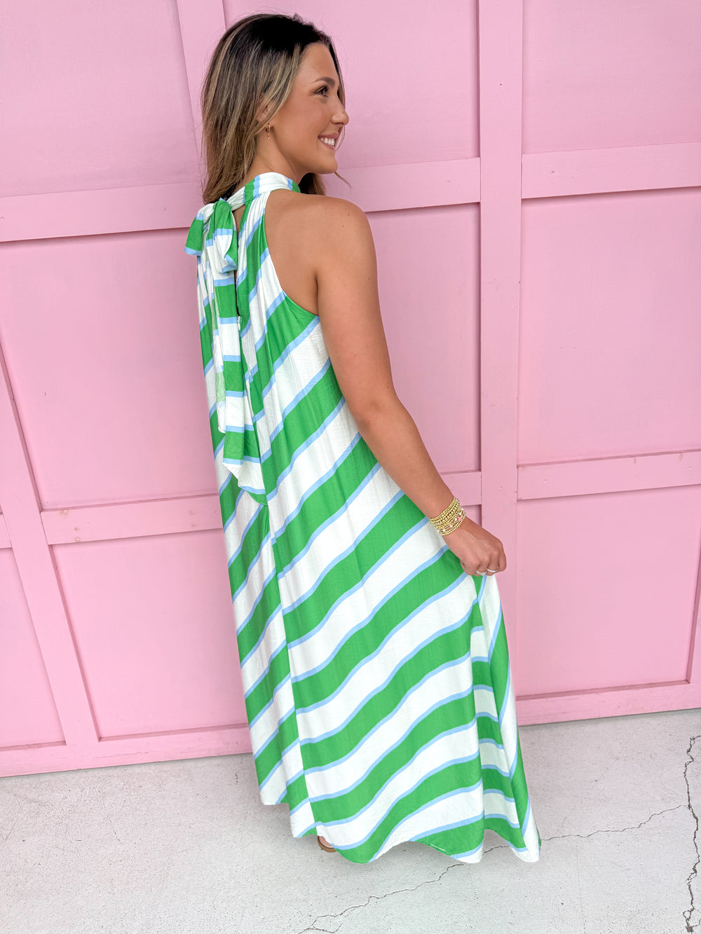 womens boutique green blue white stripe neck tie maxi length lined jincy's