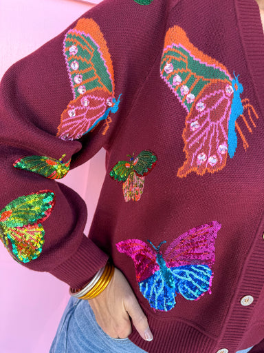 QUEEN OF SPARKLES Maroon Butterfly Button Up Cardigan womens boutique jincy's 