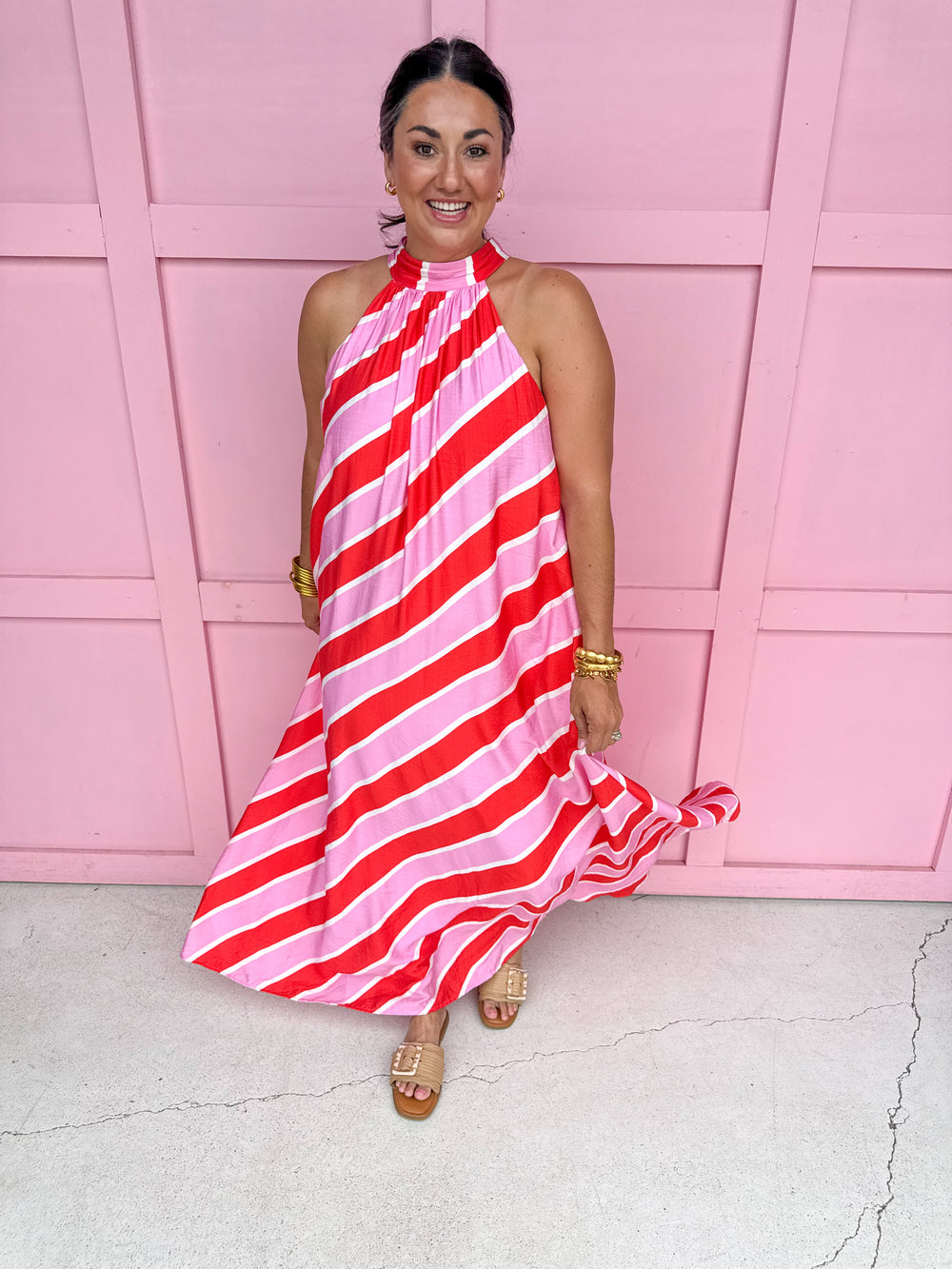 womens boutique red pink white stripe neck tie maxi length lined jincy's