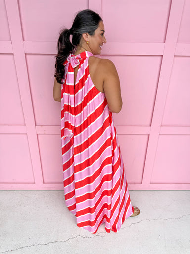 womens boutique red pink white stripe neck tie maxi length lined jincy's
