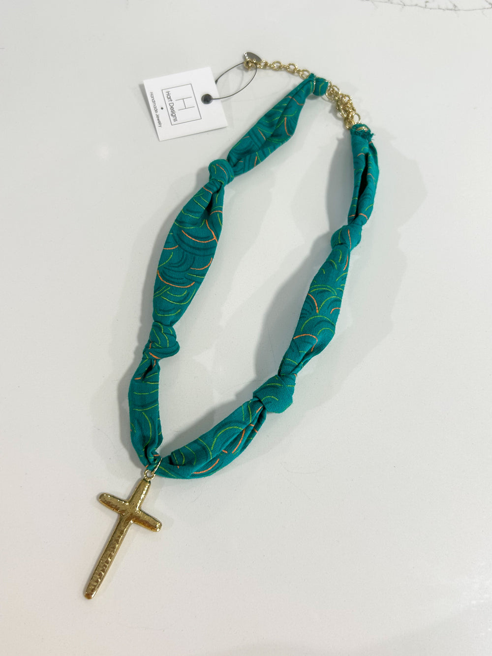 Hart Designs | Teal Prism Gold Cross Scarf Necklace 