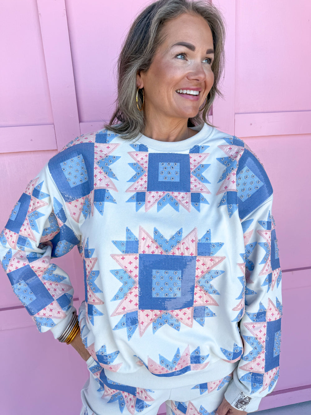 QUEEN OF SPARKLES Patchwork Sweatshirt ivory pink blue womens boutique plus size jincy's