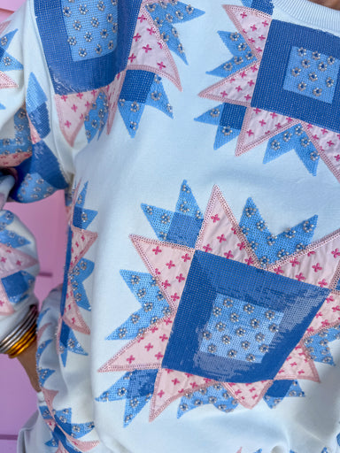 QUEEN OF SPARKLES Patchwork Sweatshirt ivory pink blue womens boutique plus size jincy's