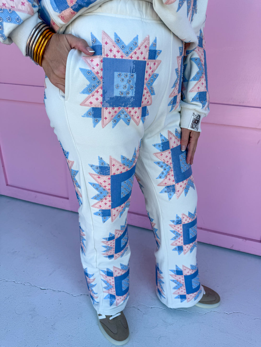 QUEEN OF SPARKLES Patchwork Pants sequin beaded detail womens boutique jincy's