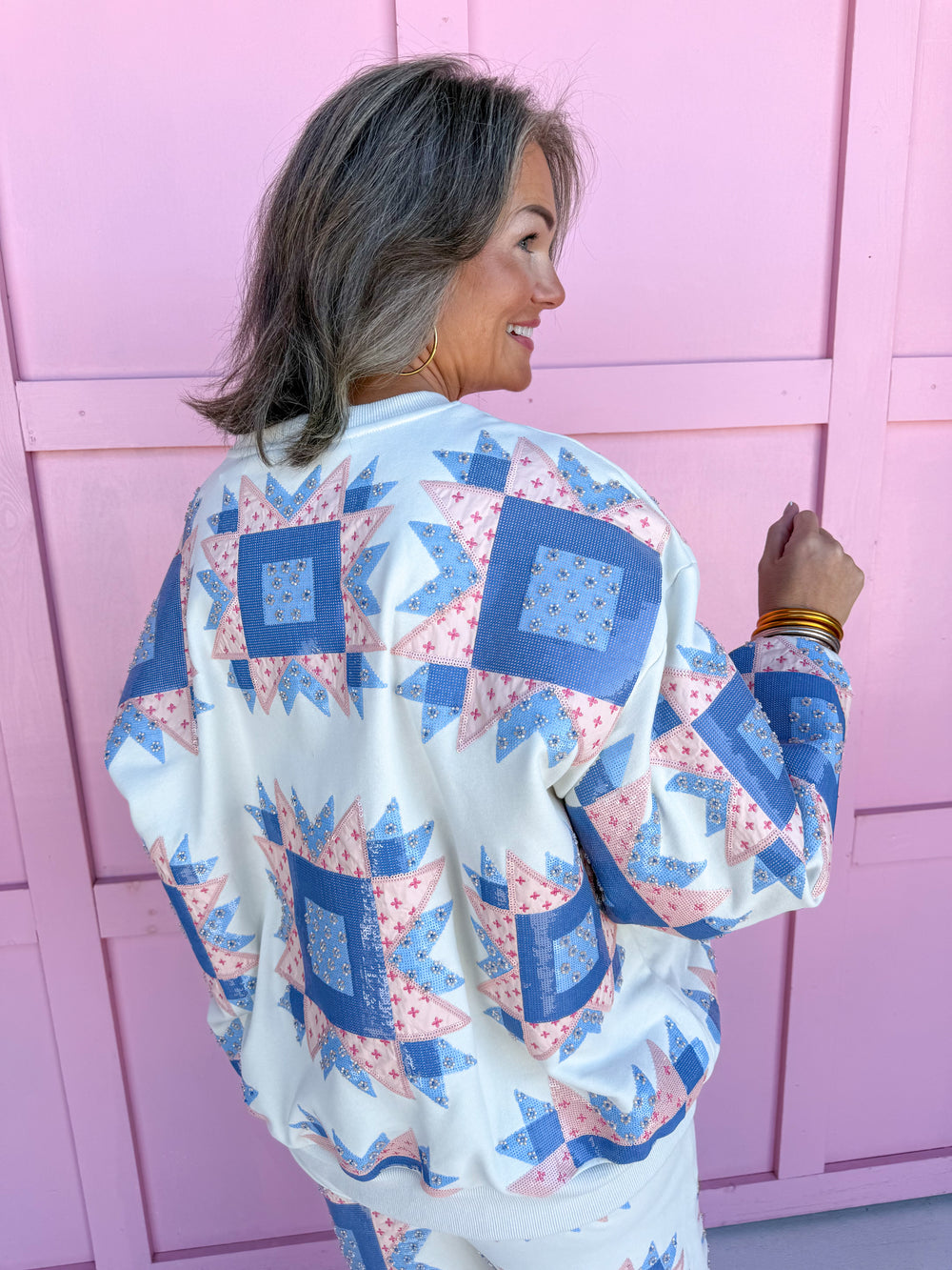 QUEEN OF SPARKLES Patchwork Sweatshirt ivory pink blue womens boutique plus size jincy's