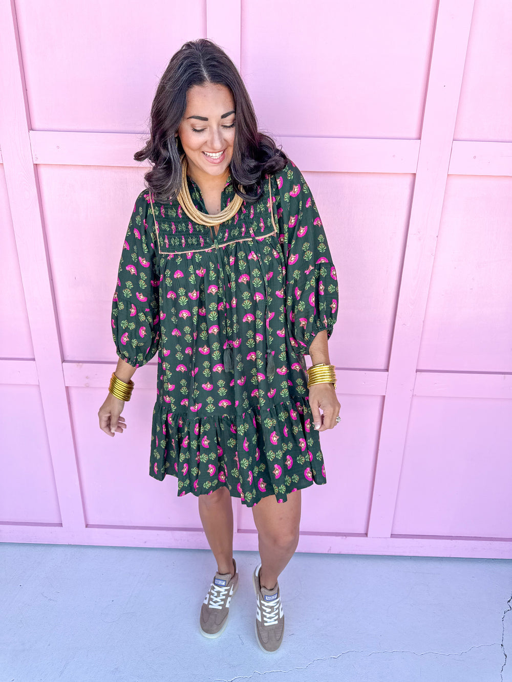 Jincy's Hunter Green Mini Dress with Pink Fall florals
