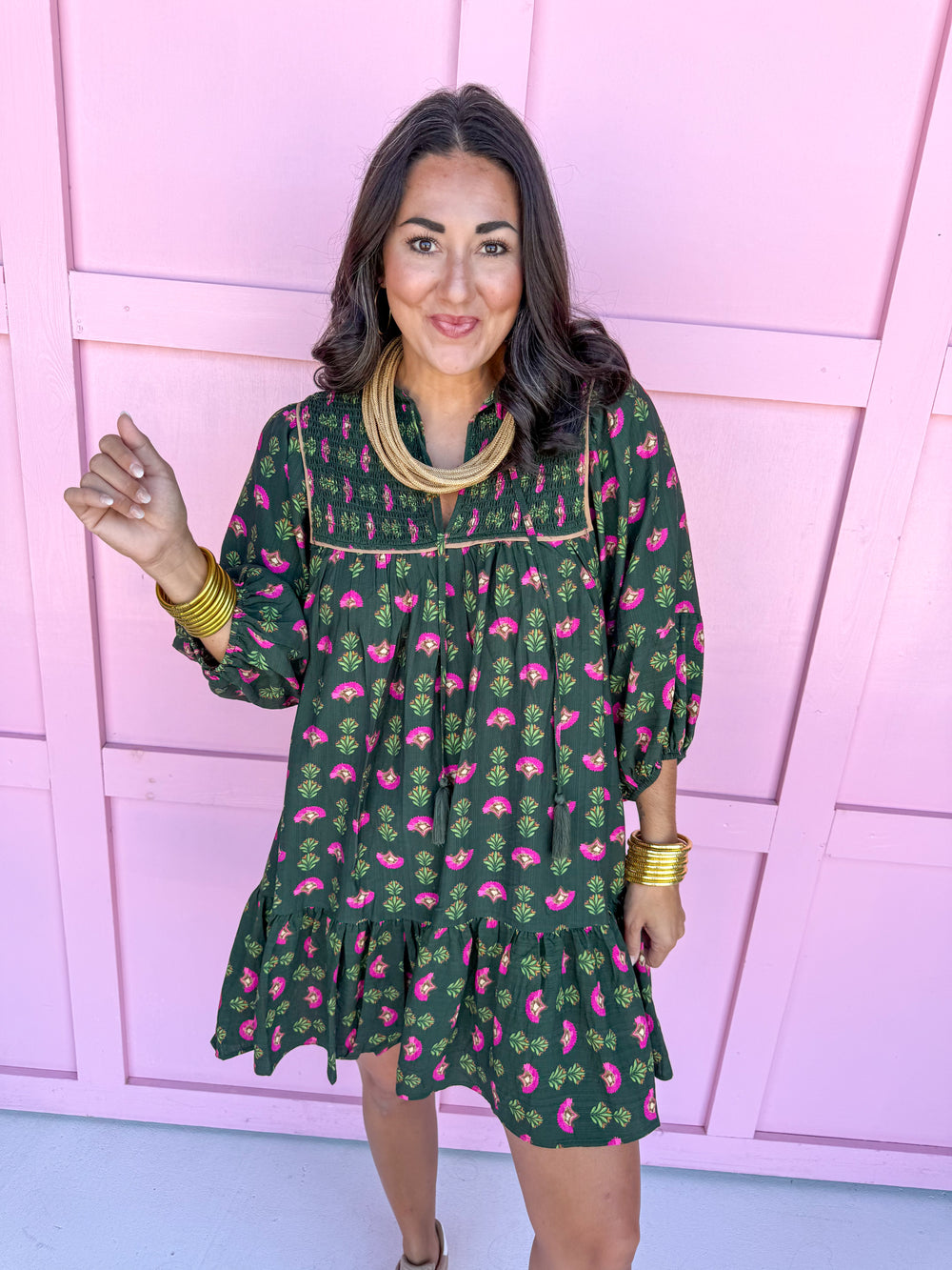 Jincy's Hunter Green Mini Dress with Pink Fall florals