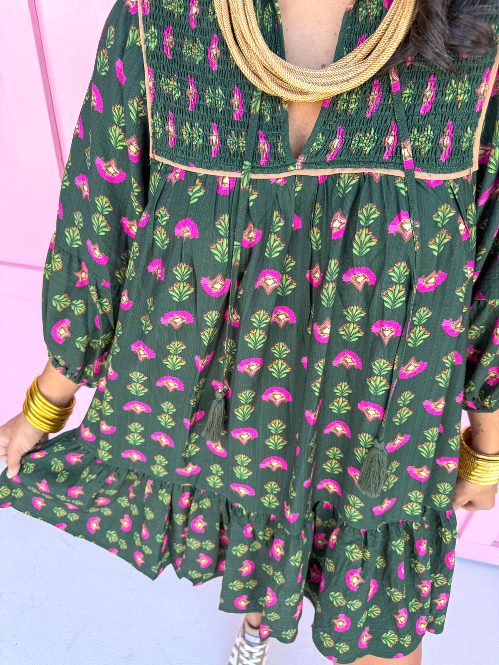 Jincy's Hunter Green Mini Dress with Pink Fall florals