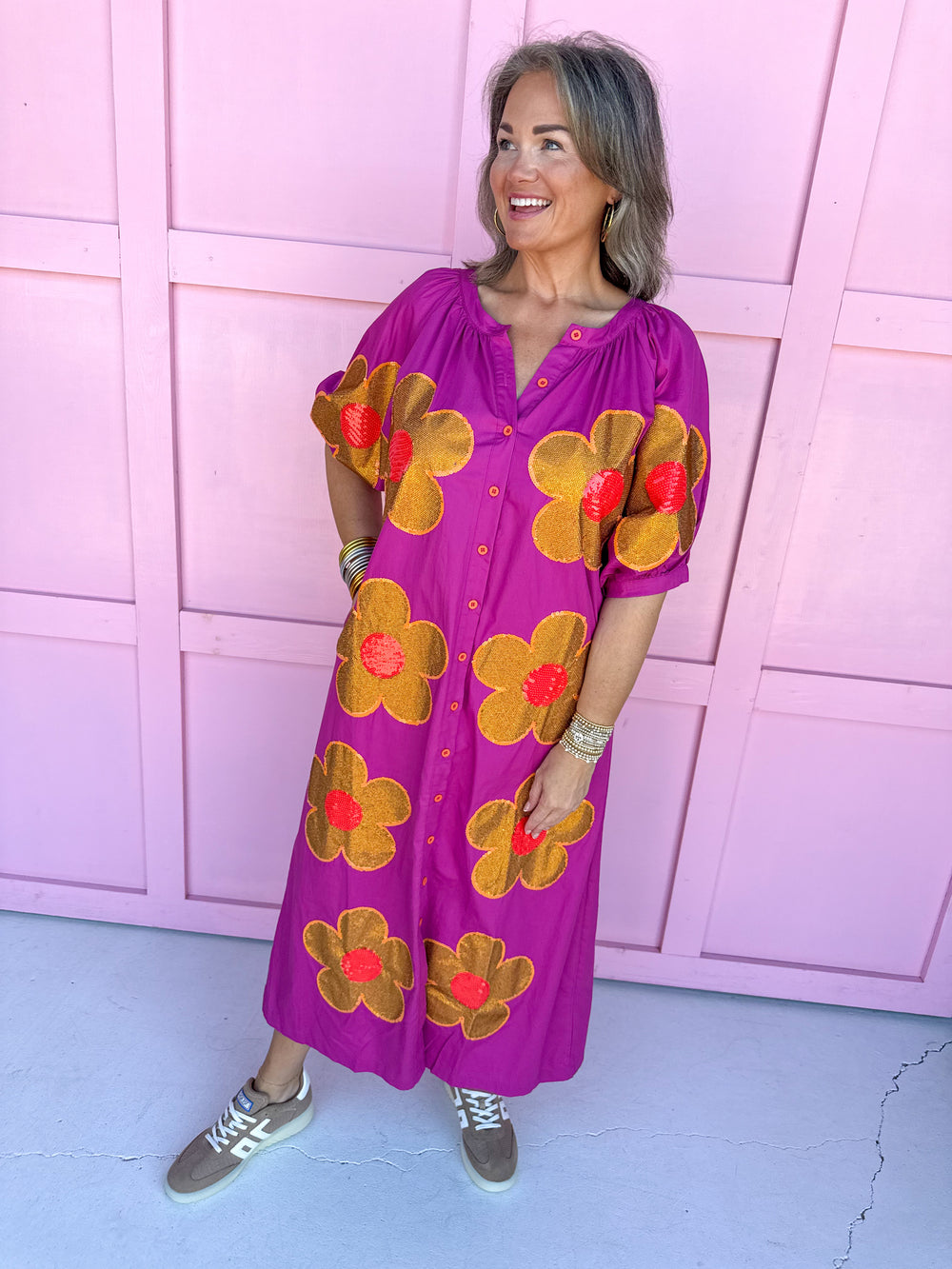 QUEEN OF SPARKLES Oversized Flower Button Up Maxi Dress womens boutique jincy's