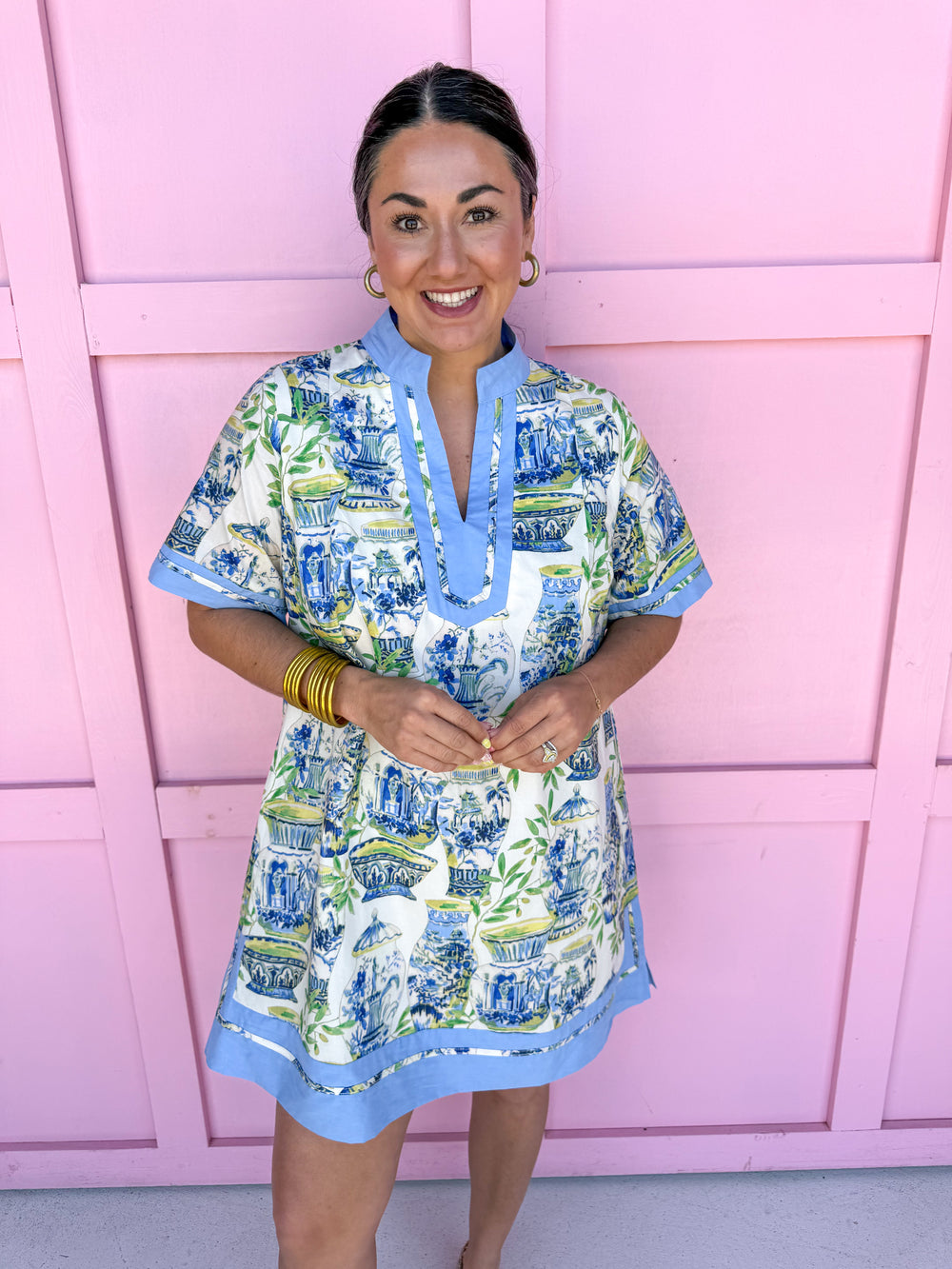 Jincy's Women's Boutique Spring Styles Ivory Chinoiserie Vase Mini Dress Grand Millennial Style