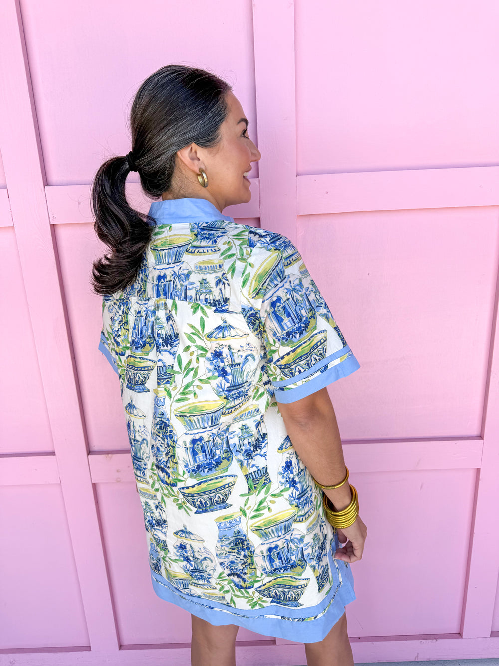 Jincy's Women's Boutique Spring Styles Ivory Chinoiserie Vase Mini Dress Grand Millennial Style