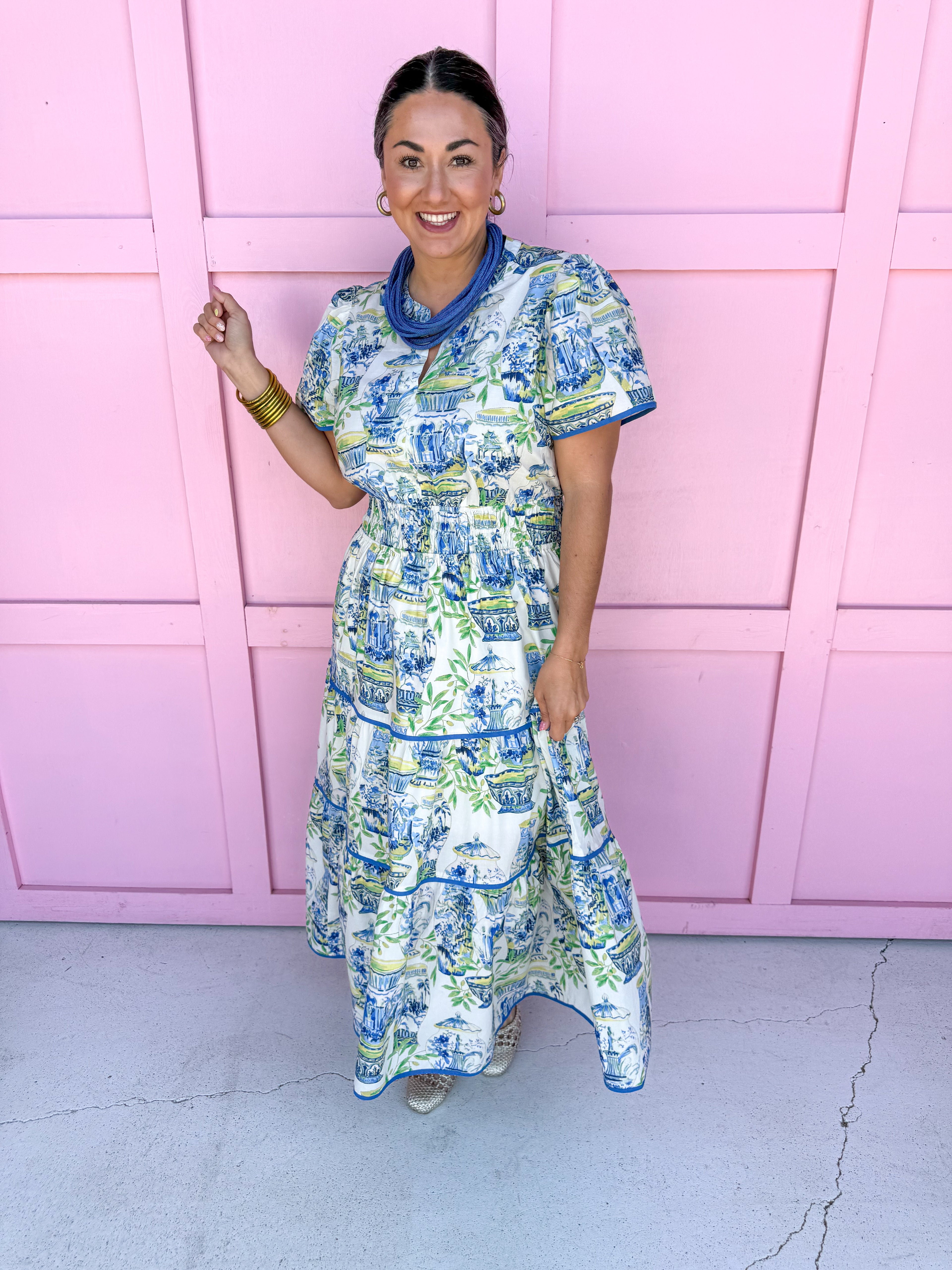 Chinoiserie Chic Midi Dress - Blue