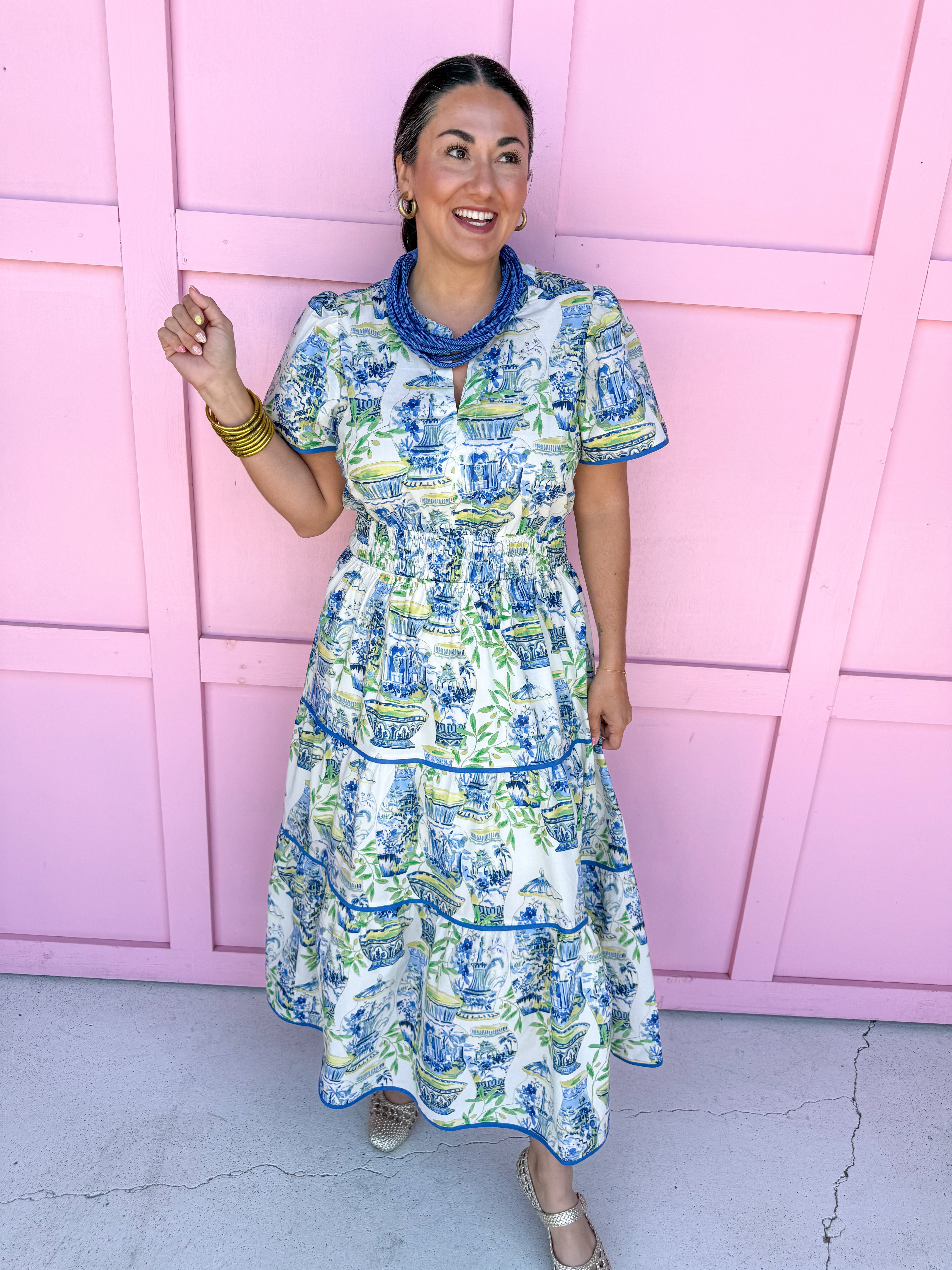 Chinoiserie Chic Midi Dress - Blue