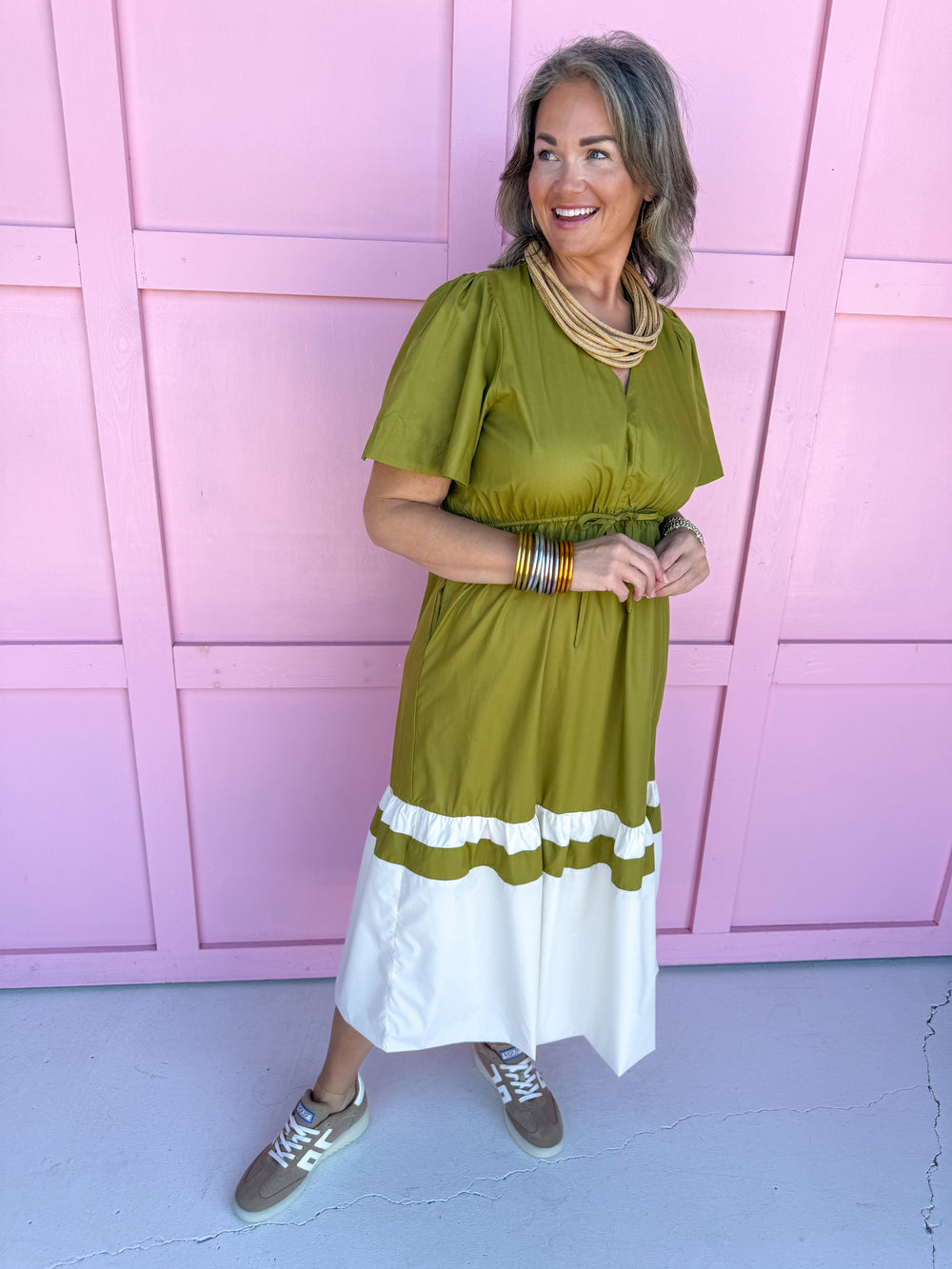 Jincy's Women's Fall Chartreuse color block Midi Dress