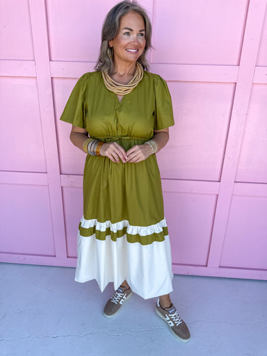 Jincy's Women's Fall Chartreuse color block Midi Dress