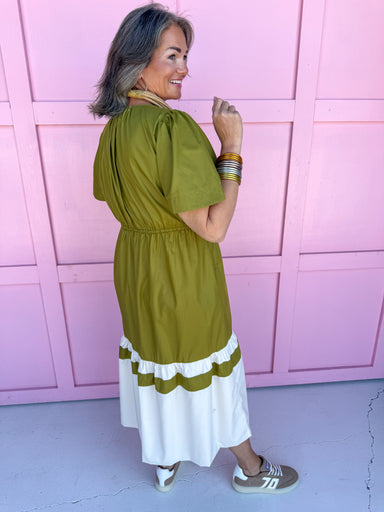 Jincy's Women's Fall Chartreuse color block Midi Dress