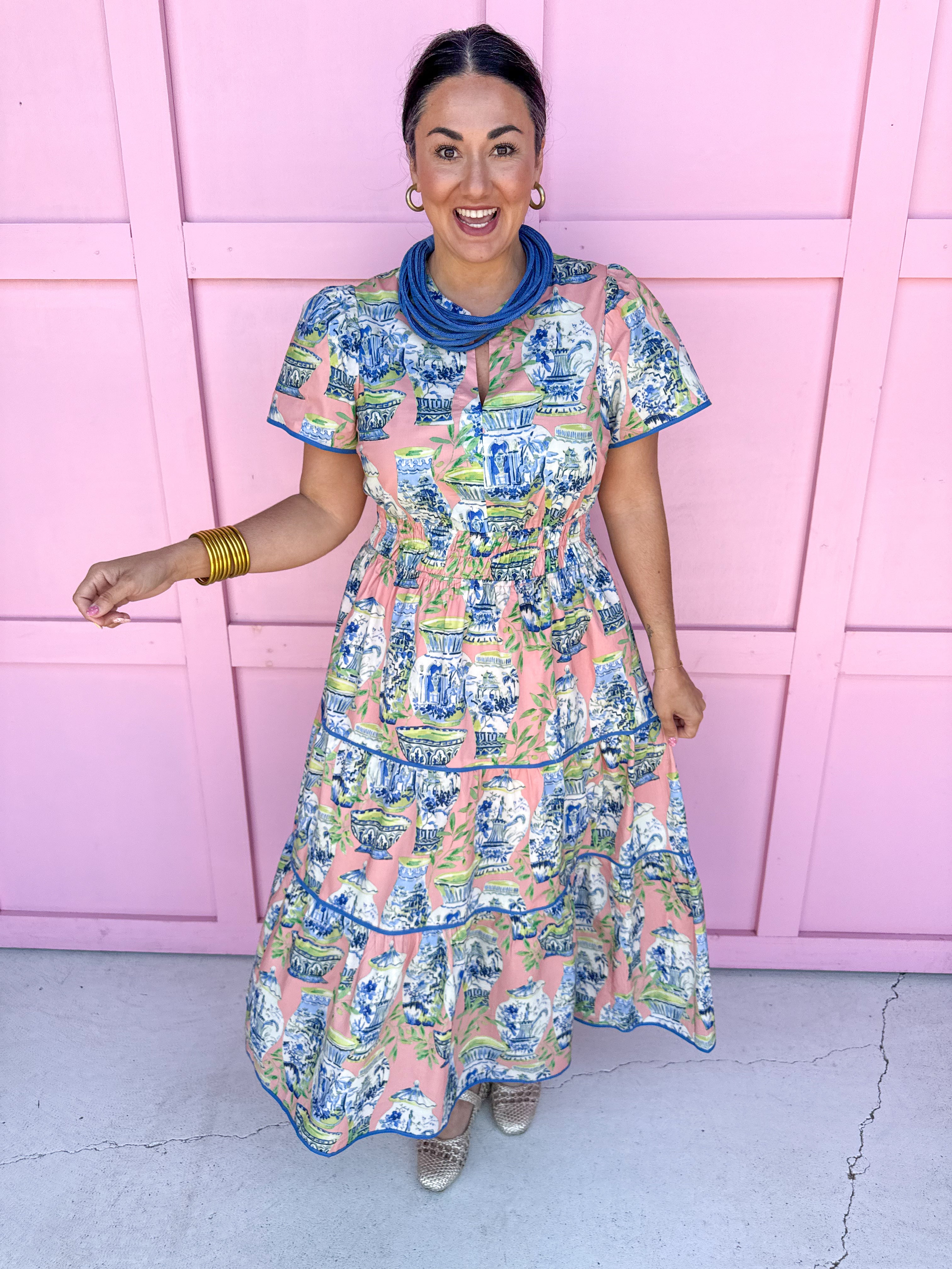 Chinoiserie Chic Midi Dress - Coral Pink