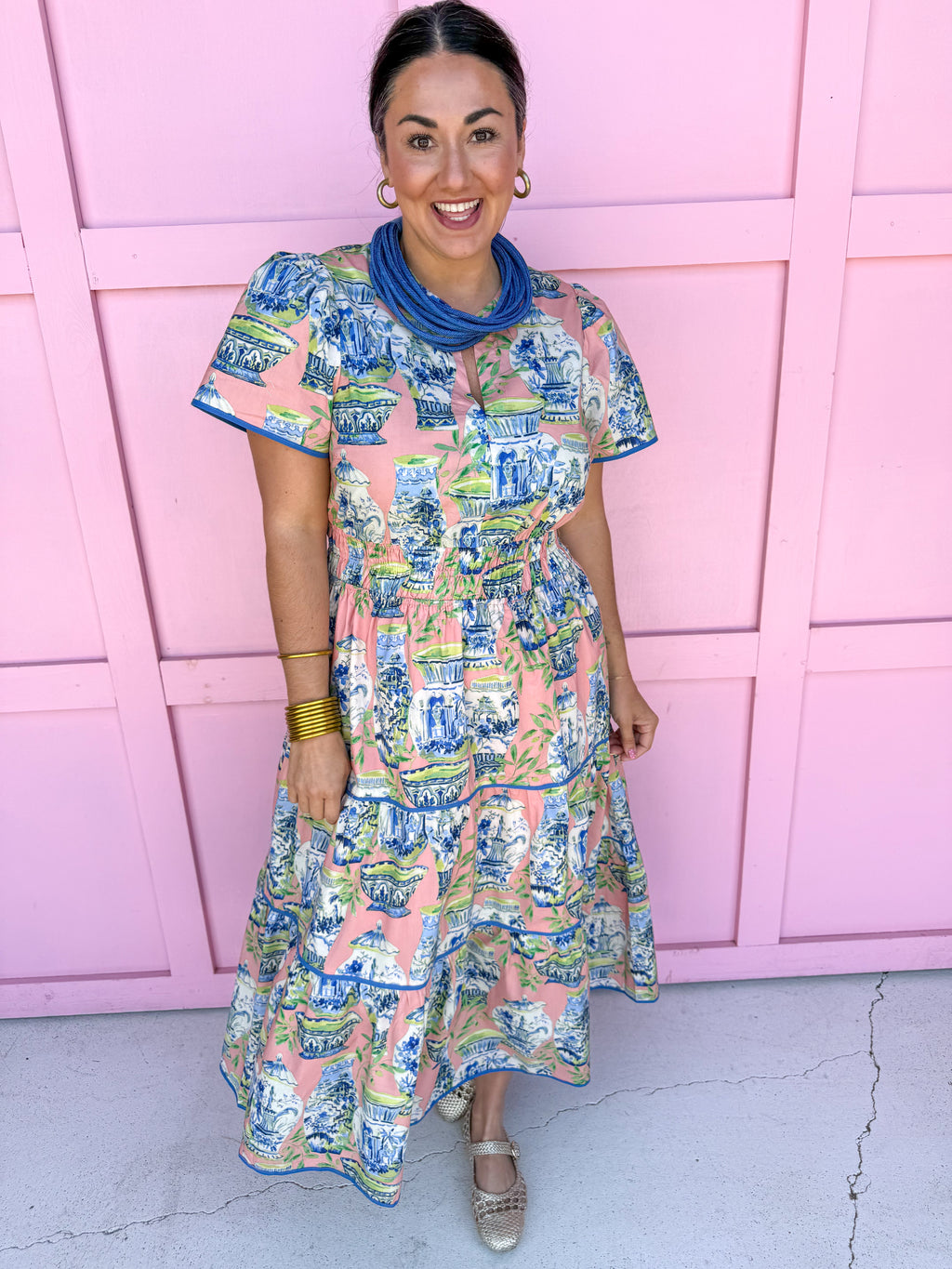 Chinoiserie Chic Midi Dress - Coral Pink
