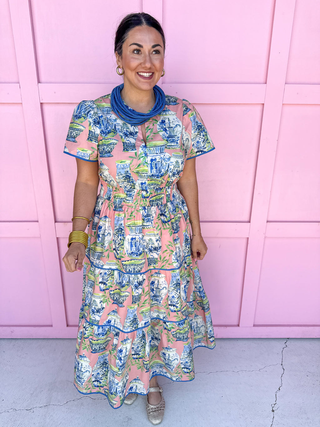 Chinoiserie Chic Midi Dress - Coral Pink