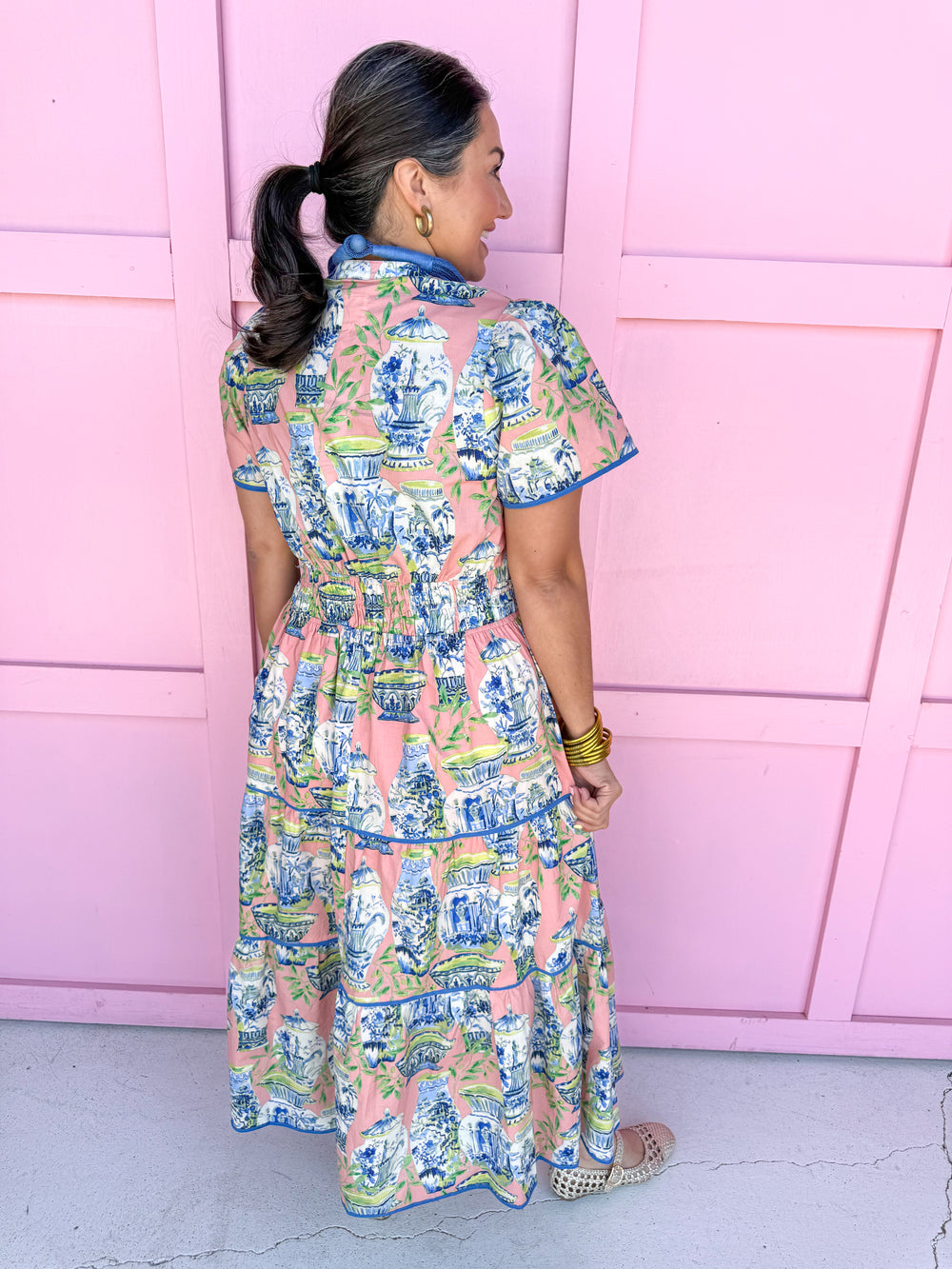 Chinoiserie Chic Midi Dress - Coral Pink