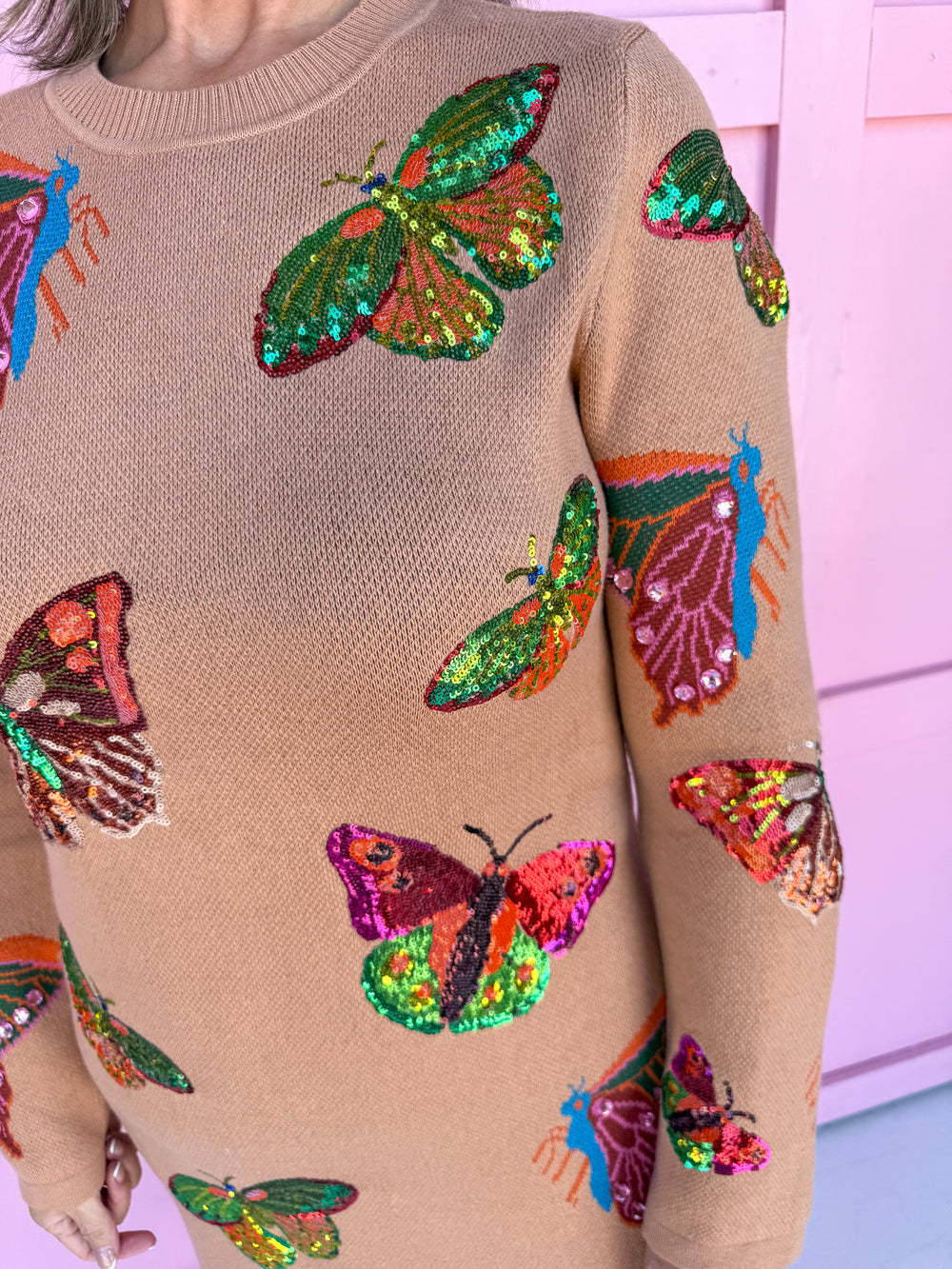 QUEEN OF SPARKLES Tan Multi Butterfly Knit Midi Dress womens boutique plus size jincy's 