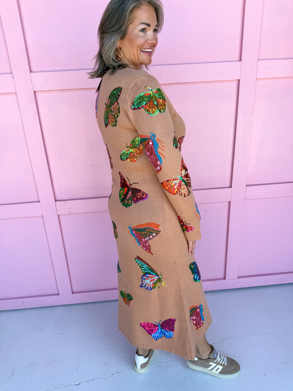 QUEEN OF SPARKLES Tan Multi Butterfly Knit Midi Dress womens boutique plus size jincy's 