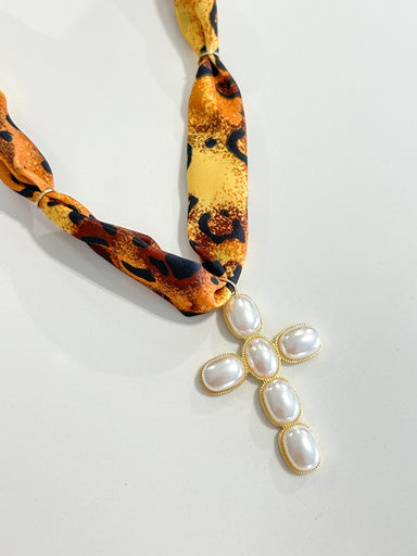 Hart Designs | Autumn Leopard Pearl Cross Scarf Necklace