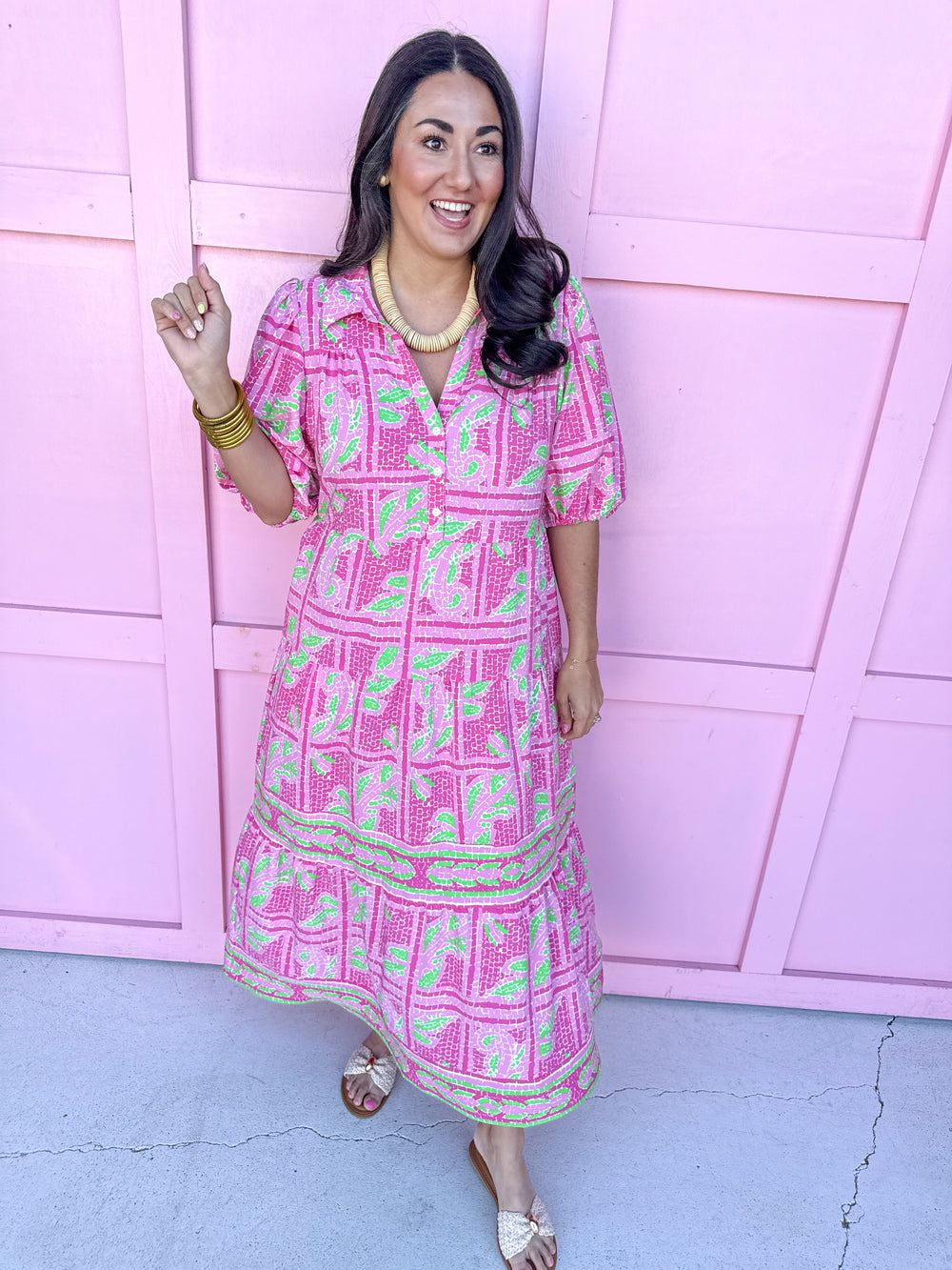 Jincy's Women's Boutique Mary Square Eloise Dress Trellis Tiles Pink Plus Size