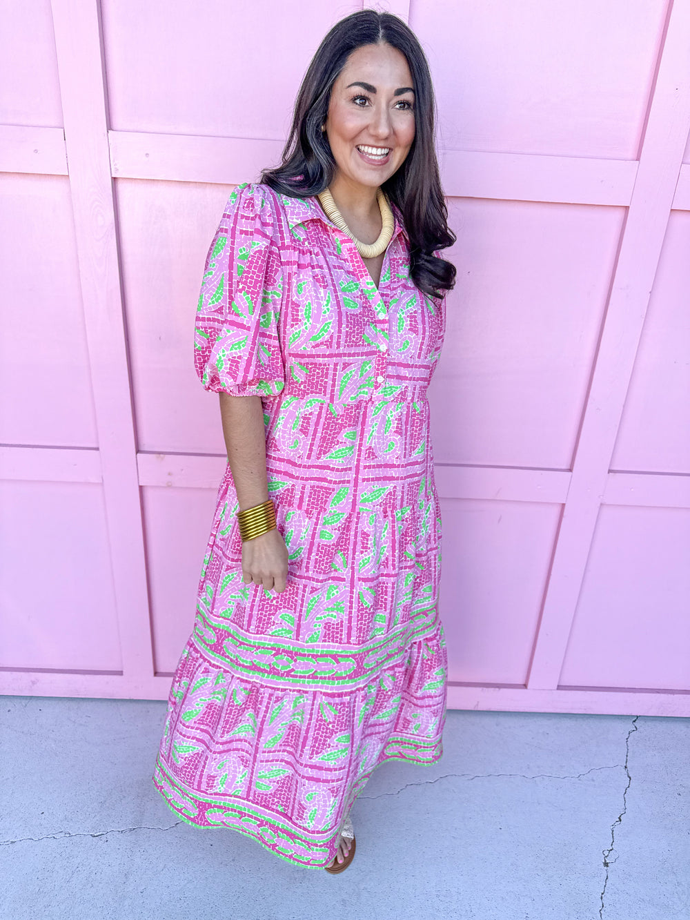 Jincy's Women's Boutique Mary Square Eloise Dress Trellis Tiles Pink Plus Size