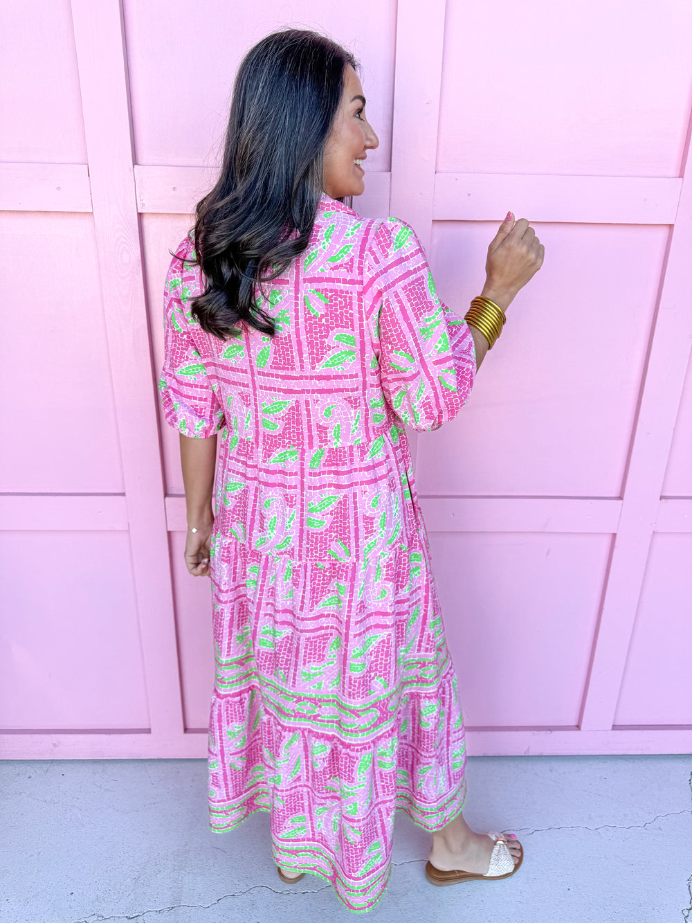 Jincy's Women's Boutique Mary Square Eloise Dress Trellis Tiles Pink Plus Size