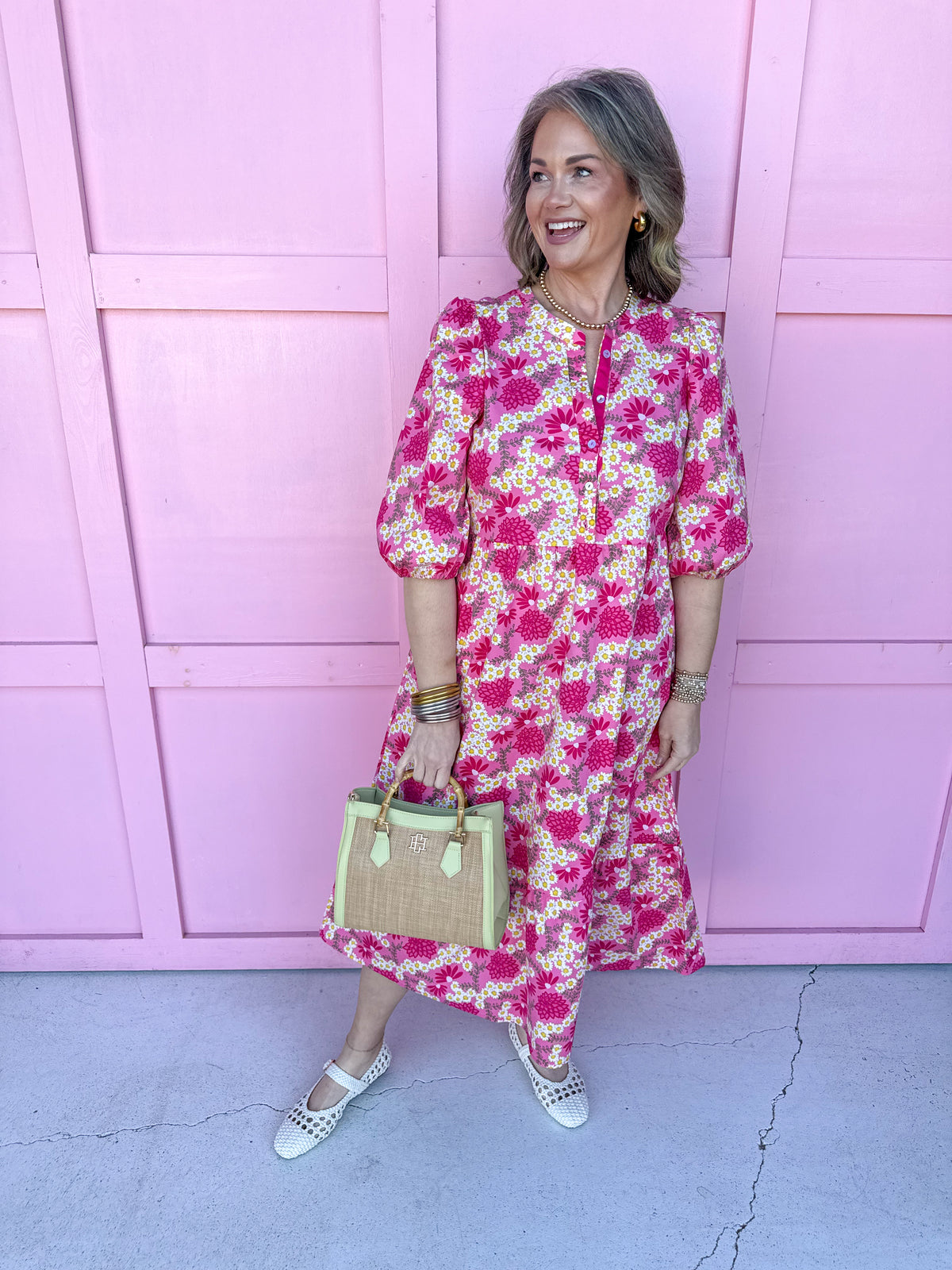 Jincy's Women's Boutique Mary Square Riley Pink Daisy Floral Midi Maxi Dress Plus Size