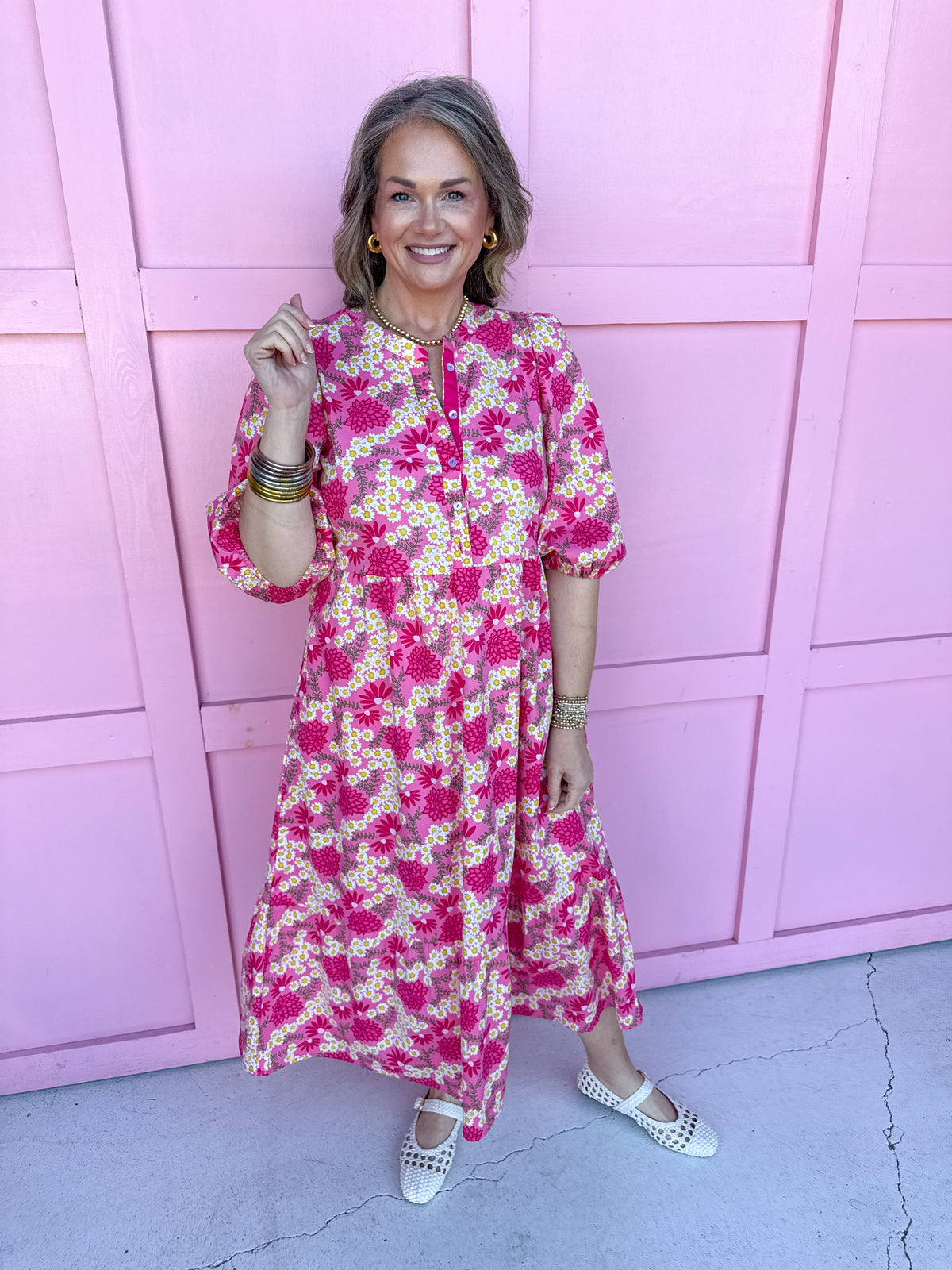Jincy's Women's Boutique Mary Square Riley Pink Daisy Floral Midi Maxi Dress Plus Size