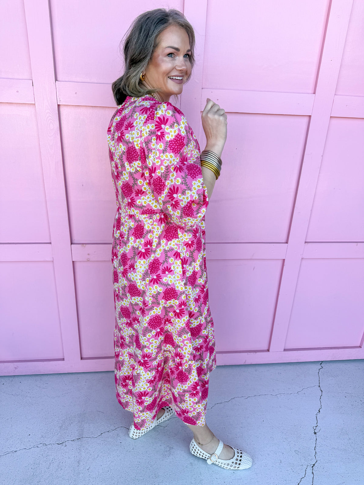 Jincy's Women's Boutique Mary Square Riley Pink Daisy Floral Midi Maxi Dress Plus Size