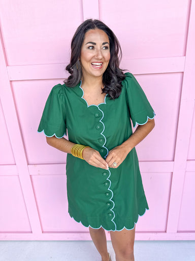 womens boutique scallop trim dress has pockets green blue trim mini length jincy's