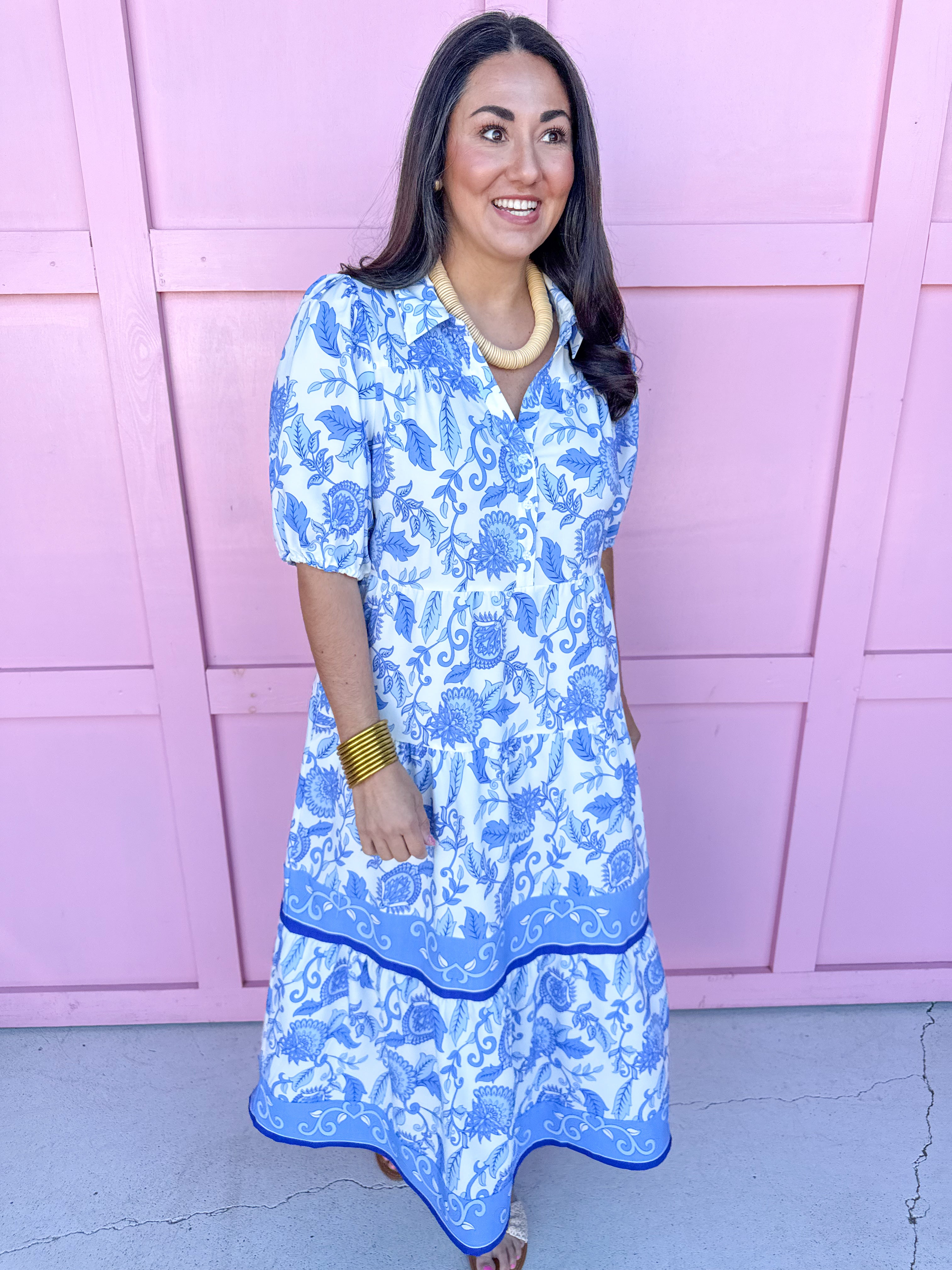 Jincy's Women's Boutique Mary Square Plus Size Eloise Dress Porcelain Vines Blue