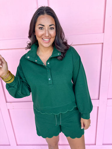 womens boutique short set long sleeve top scalloped hem hunter green jincy's 