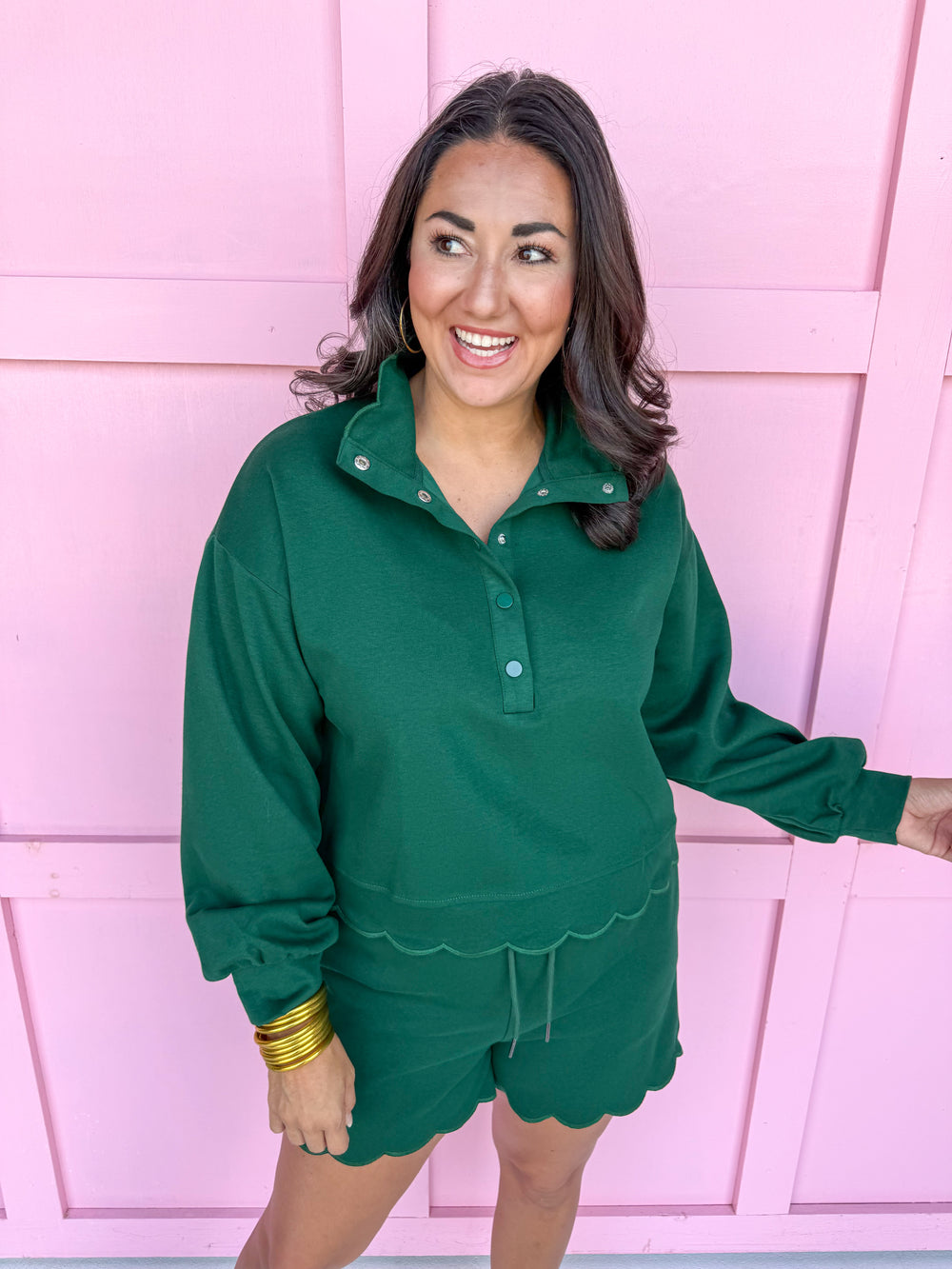 womens boutique short set long sleeve top scalloped hem hunter green jincy's 