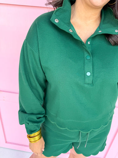 womens boutique short set long sleeve top scalloped hem hunter green jincy's 