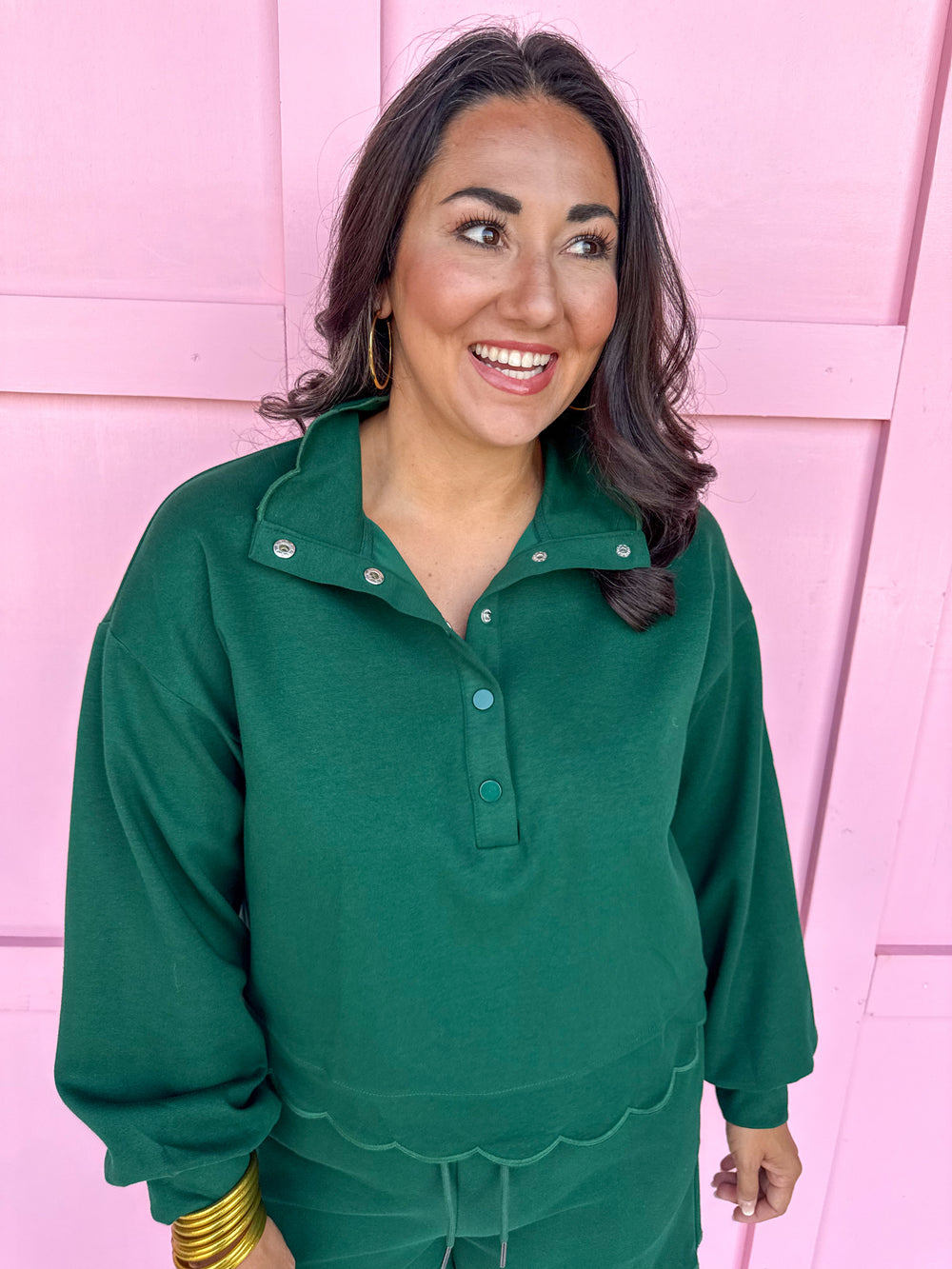 womens boutique short set long sleeve top scalloped hem hunter green jincy's 