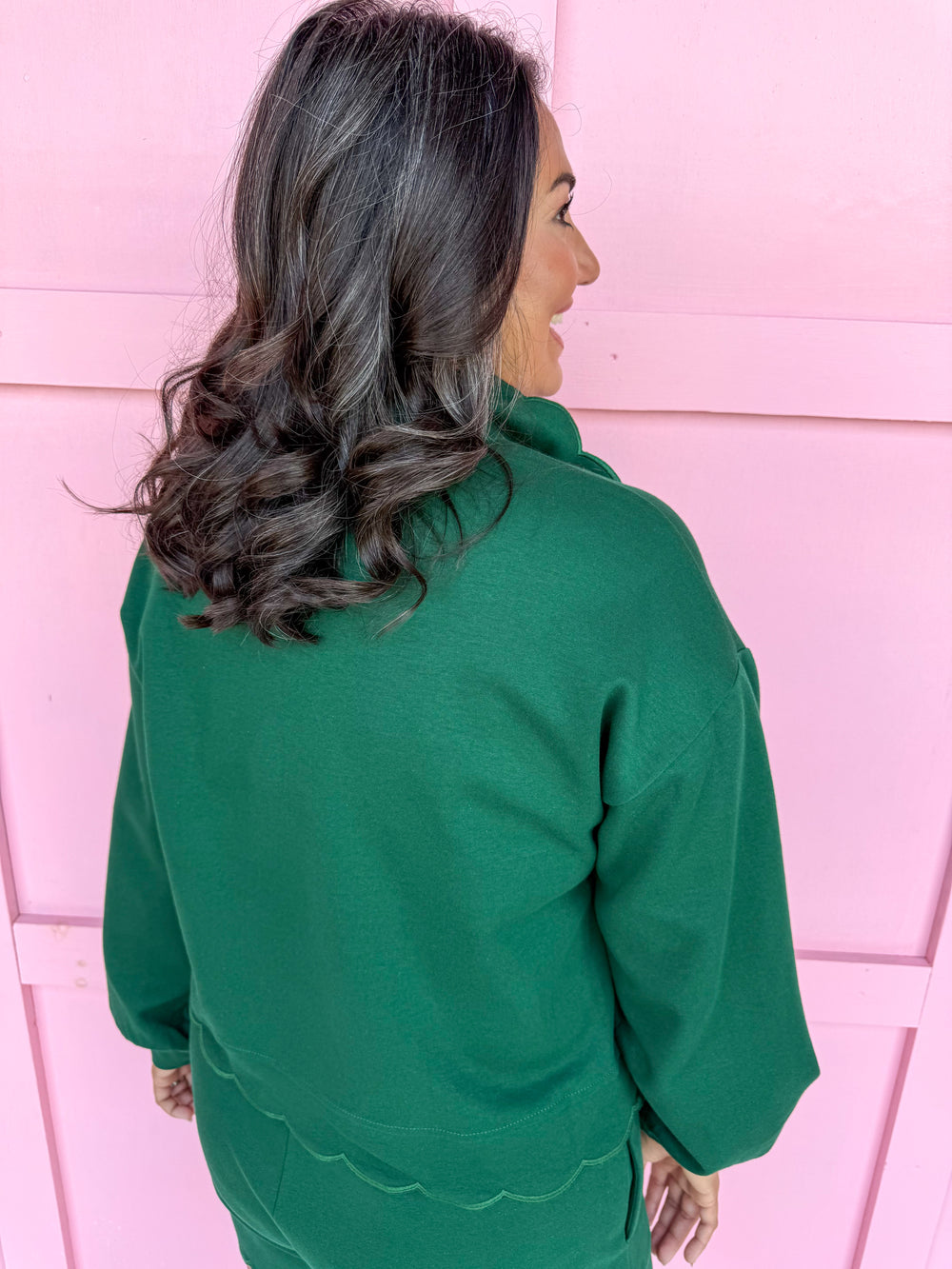 womens boutique short set long sleeve top scalloped hem hunter green jincy's 